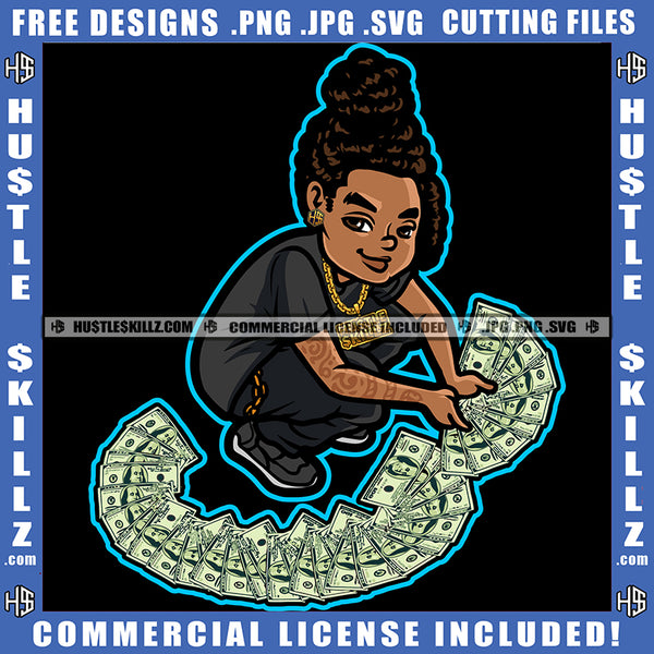African American Girl Holding Money On Floor Melanin Nubian Girl Locs Dreads Hair Design Element Black Girl Magic Ski Mask Gangster SVG JPG PNG Vector Clipart Cricut Cutting Files