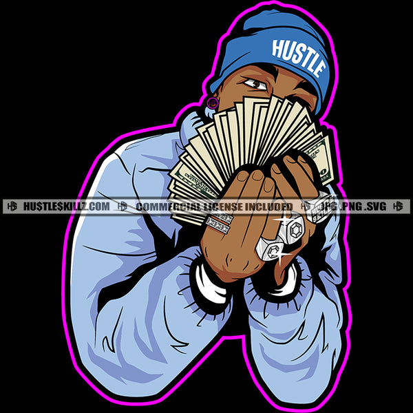 African American Man Holding Cash Note And Wearing Cap Design Element Afro Man Dimond Ring On Hand Hide Face By Money SVG JPG PNG Vector Clipart Cricut Cutting Files