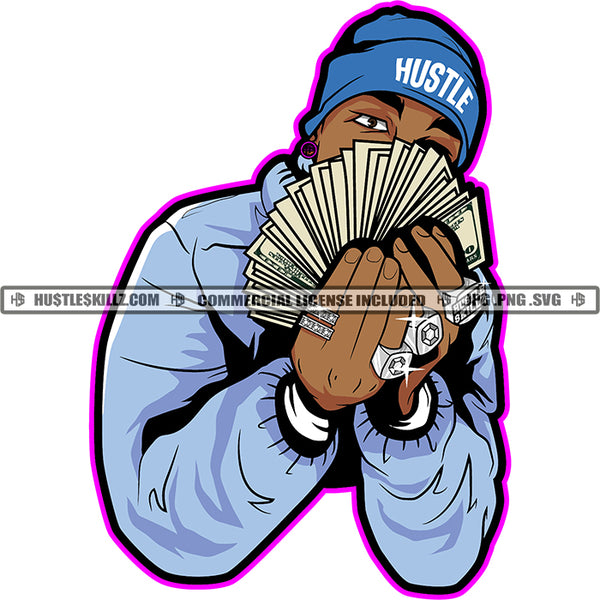 African American Man Holding Cash Note And Wearing Cap Design Element Afro Man Dimond Ring On Hand Hide Face By Money SVG JPG PNG Vector Clipart Cricut Cutting Files