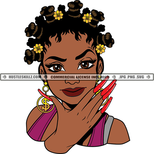 African American Woman Face Design Element Long Nail Vector Afro Hair Style Flower On Hair Smile Face Beautiful Lady SVG JPG PNG Vector Clipart Cricut Cutting Files
