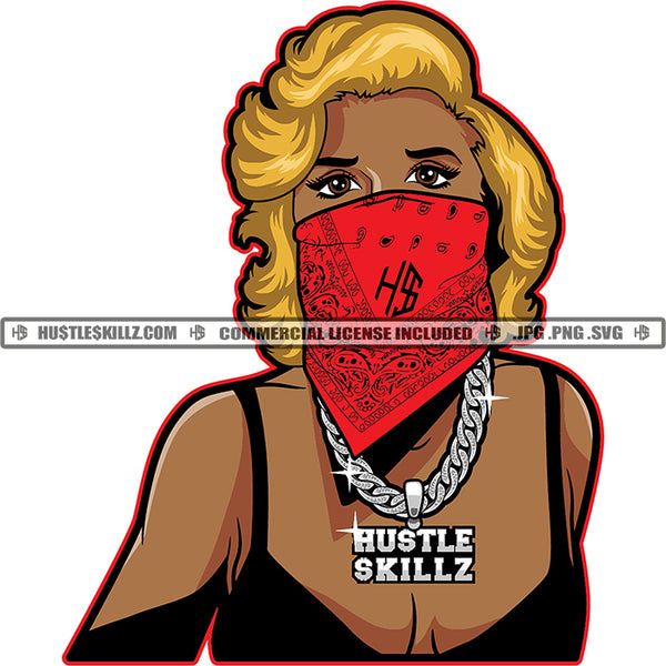 Gangster Melanin Woman Wearing Mask Wearing Chain Design Element Golden Hair Style White Background And Wearing Short Dress SVG JPG PNG Vector Clipart Cricut Cutting Files