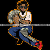 African American Man Sitting Position Design Element Hand Holding Money Locus Hair Style Lot Of Money On Leg White Background SVG JPG PNG Vector Clipart Cricut Cutting Files