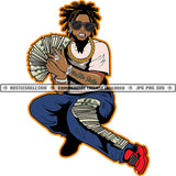 African American Man Sitting Position Design Element Hand Holding Money Locus Hair Style Lot Of Money On Leg White Background SVG JPG PNG Vector Clipart Cricut Cutting Files