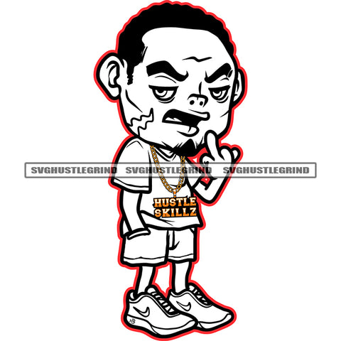 Afro Gangster Scarface Man Standing Black And White BW Vector Afro Hair Style Design Element Middle Finger Hand Sign Wearing T-Shirt And Half Pant SVG JPG PNG Vector Clipart Cricut Cutting Files