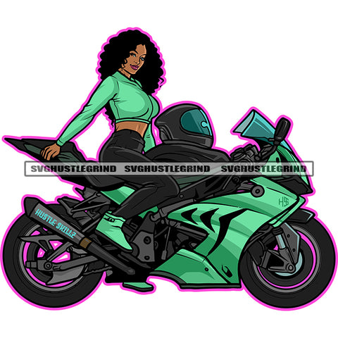 Biker Girl Sport Bike Sexy Melanin Motorcycle Ride Or Die Chick Nubian Black Girl Magic White Background Curly Long Hair Design Element SVG JPG PNG Vector Clipart Cricut Cutting Files