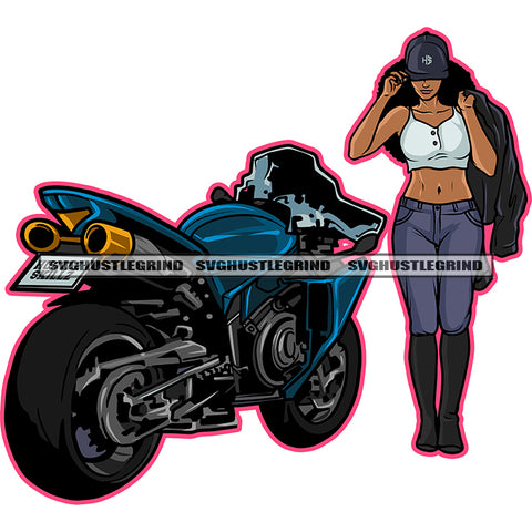 Afro Woman Riding Motorcycle Gorgeous Biker Sport Bike Nubian Melanin Speed Race Long Hair White Background Wearing Cap Vector SVG JPG PNG Vector Clipart Cricut Cutting Files