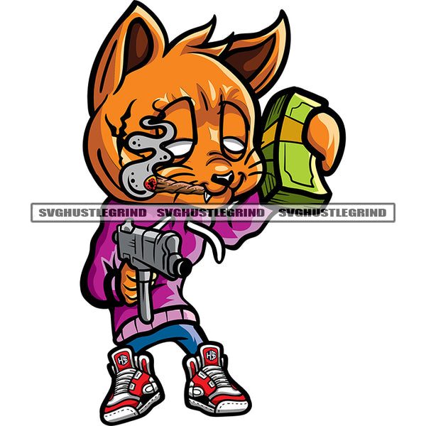 Gangster Scarface Cat Smoking Marijuana Weed Vector Cat Holding Money And Gun White Background Design Element SVG JPG PNG Vector Clipart Cricut Cutting Files