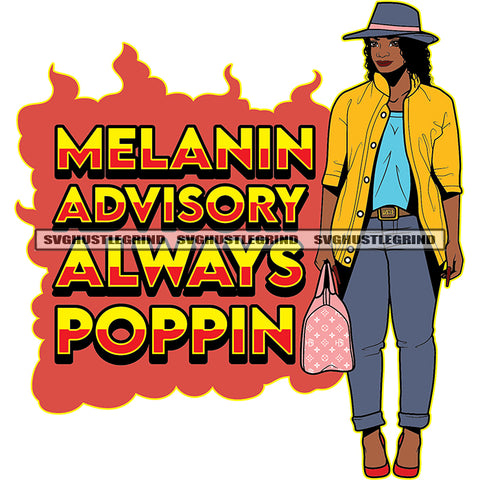Melanin Advisory Always Popping Color Quote On Fire Design Element Afro Woman Wearing Hat White Background Girl Curly Hair Holding Bag SVG JPG PNG Vector Clipart Cricut Cutting Files
