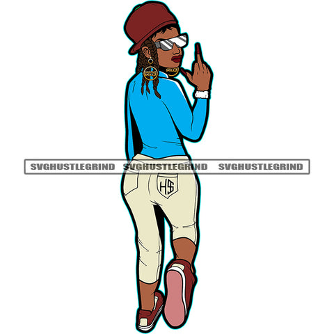 Gangster Melanin Woman Showing Middle Finger Wearing Cap And Sunglass Vector White Background Locus Hair Style
