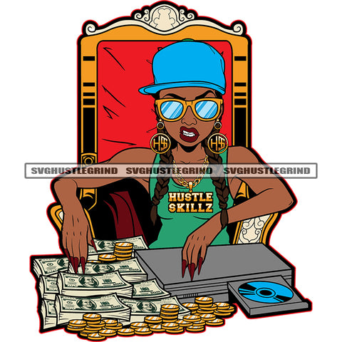 Lola Grinding Afro Woman Sitting On Chair Lot Of Money Bundle And Gold Coin Vector DVD Player White Background Melanin Woman Angry Face  SVG JPG PNG Vector Clipart Cricut Cutting Files