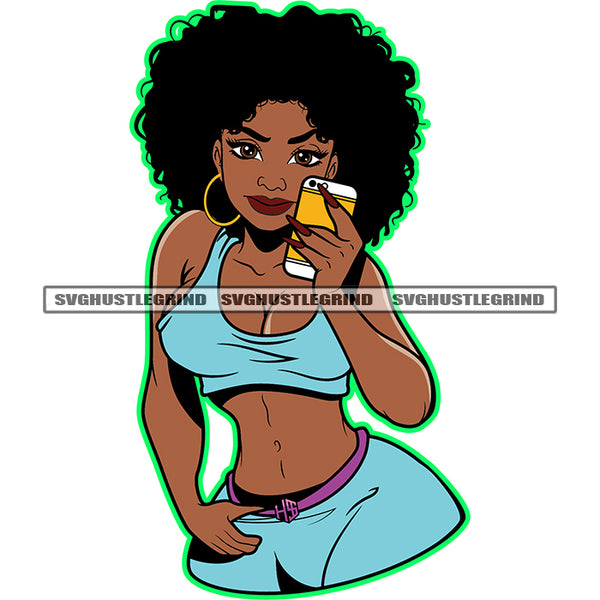 Curly Woman Strong Beautiful Queen Brown Melanin Pretty Popping Female Lady Flow Holding Phone Afro Hair Style Design Element SVG JPG PNG Vector Clipart Cricut Cutting Files