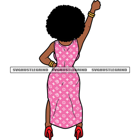 Beautiful Afro Woman Standing Vector Big Afro Hair Style White Background Design Element Hand Up Sexy Pose SVG JPG PNG Vector Clipart Cricut Cutting Files