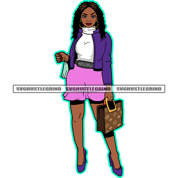 Beautiful Afro woman Standing Design Element Holding Bag Vector Curly Long Hair White Background SVG JPG PNG Vector Clipart Cricut Cutting Files