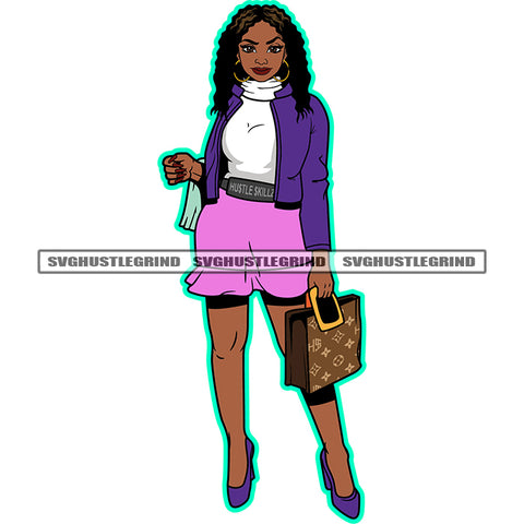 Beautiful Afro woman Standing Design Element Holding Bag Vector Curly Long Hair White Background SVG JPG PNG Vector Clipart Cricut Cutting Files