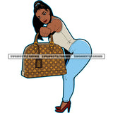 Afro Black Woman Holding Bag Plus Size Woman Vector Design Element Sexy Pose Wearing Jeans Pant And T-Shirt White Background SVG JPG PNG Vector Clipart Cricut Cutting Files