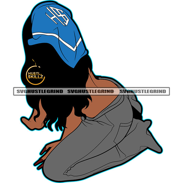 Gangster Afro Woman Sitting Sexy Pose Design Element White Background Towel On Head Curly Long Hair SVG JPG PNG Vector Clipart Cricut Cutting Files