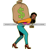 Beautiful Afro Black Woman Standing To Carry Money Bag Vector Long Hair Style African Woman White Background Long Nail Vector Full Load Money SVG JPG PNG Vector Clipart Cricut Cutting Files