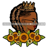 Black Woman With Words In Hair Wearing A Crown Sunflowers SVG JPG PNG Vector Clipart Cricut Silhouette Cut Cutting