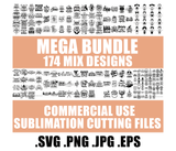 Mega Bundle 174 Designs Teacher Quotes Kids Toddler Bingo Funny Positive Christmas Quotes Halloween Wine Quotes SVG PNG JPG Cutting Designs Silhouette Sublimation Designs