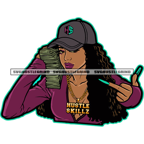 Melanin Woman Carry Money Design Element Afro Woman Curly Hair Style Wearing Cap Vector Long Nail Design Cash Money Bank Note SVG JPG PNG Vector Clipart Cricut Cutting Files