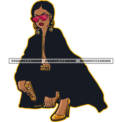 Melanin Woman Sitting On Floor Vector Hand Holding Golden Color Gun Pistol Vector Wearing Long Dress And Sunglasses White Background Design Element SVG JPG PNG Vector Clipart Cricut Cutting Files