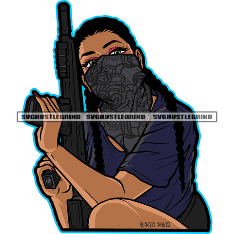 Gangster Melanin Woman Holding Gun Wearing Musk Vector Design Element White Background Curly Long Hair Wearing Black Color Dress SVG JPG PNG Vector Clipart Cricut Cutting Files