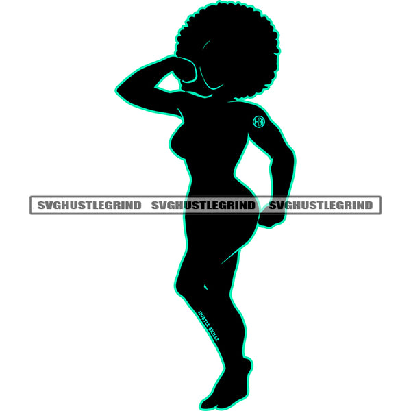 Silhouette Melanin Vibes Personalized Female Afro Woman Standing Design Element Black Color Body Design Silhouette White Background Afro Big Hair Style SVG JPG PNG Vector Clipart Cricut Cutting Files