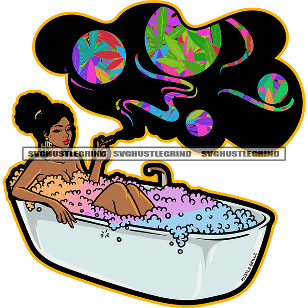 Melanin Black Queen Sister Bathtub Smoking Weed Marijuana Wine Wine Glass Water Shower Towel Wrap Relax Bathe Color Smoke Black Logo White Background Design Element SVG JPG PNG Vector Clipart Cricut Cutting Files