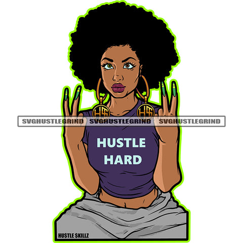 Melanin Woman Sitting Afro Big Hair Style Vector Peach Hand Sign Design Element White Background Cute Smile Face Color Body SVG JPG PNG Vector Clipart Cricut Cutting Files