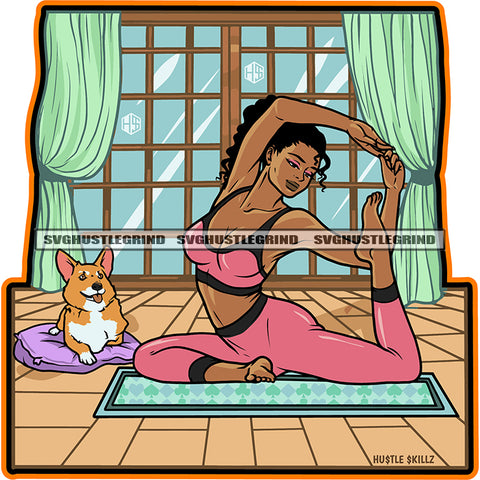 Melanin Woman Sitting On Yoga Position Vector Dog Side Sitting White Background Yoga Position On Room SVG JPG PNG Vector Clipart Cricut Cutting Files