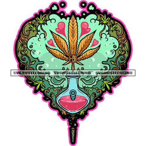 Golden Weed Leaves Hear Design Marijuana Vector Color Art Work Blood Bottle Color Line Design Smoke White Background SVG JPG PNG Vector Clipart Cricut Cutting Files