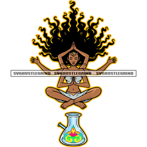 Transcend The Bull Yoga Woman Smoking Weed Marijuana White Background Colorful Art Work Design Element Illustration Afro Long Hair Style Vector SVG JPG PNG Vector Clipart Cricut Cutting Files