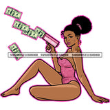 Melanin Woman Sitting On Floor Afro Hair Style Vector Melanin Woman Holding Money Gun Design Element Money Dripping White Background Sexy Pose Girls Wearing Short Dress SVG JPG PNG Vector Clipart Cricut Cutting Files
