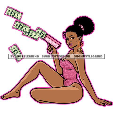 Melanin Woman Sitting On Floor Afro Hair Style Vector Melanin Woman Holding Money Gun Design Element Money Dripping White Background Sexy Pose Girls Wearing Short Dress SVG JPG PNG Vector Clipart Cricut Cutting Files