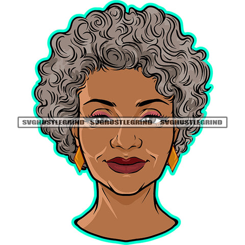Melanin Old Woman Face Design Element Color Hair Vector White Background Old Woman Wearing Ear Ring Smile Face SVG JPG PNG Vector Clipart Cricut Cutting Files