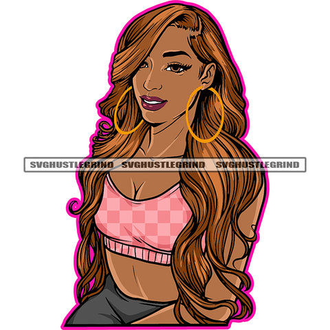 Melanin Woman Smile Face Design Element Cute Melanin Woman Red Head Wearing Ear Ring Vector White Background Wearing Bikini SVG JPG PNG Vector Clipart Cricut Cutting Files