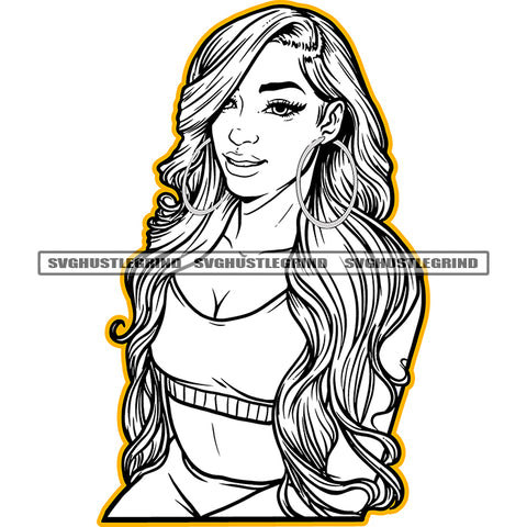 Melanin Woman Smile Face Design Element Black And White Cute Melanin Woman Red Head BW Wearing Ear Ring Vector Wearing Bikini SVG JPG PNG Vector Clipart Cricut Cutting Files