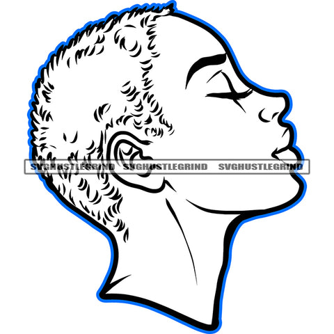 Melanin Woman Short Curly Hair Side Face Black And White Design Element Melanin Girls Close Eyes Vector Blue Color Line Cute Face Lipstick SVG JPG PNG Vector Clipart Cricut Cutting Files