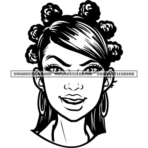 Melanin Woman Smile Face Black And White Vector Curly Hair Style BW Beautiful Girl Color Head Wearing Big Ear Ring And Lipstick SVG JPG PNG Vector Clipart Cricut Cutting Files