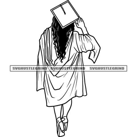 Melanin Graduation Woman Wearing Cap Diploma Ceremony Black And White Achievement Education BW College Student Success Graduate Design Element SVG JPG PNG Vector Clipart Cricut Cutting Files