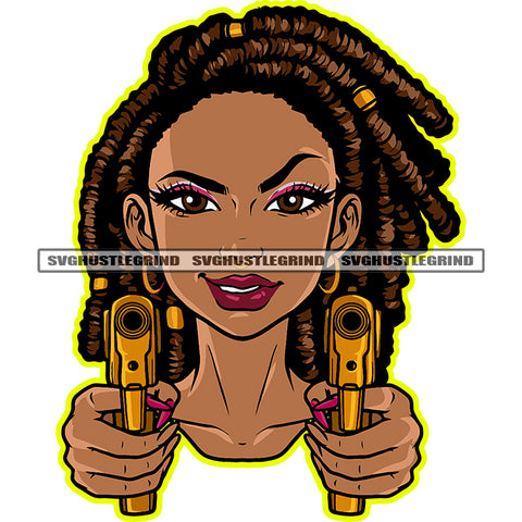 Melanin Woman Holding Double Golden Gun Locus Hair Style Vector Smile Face Design Element Melanin Woman Wearing Nose Hoop SVG JPG PNG Vector Clipart Cricut Cutting Files