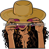 Melanin Woman Wearing Hat Vector Hand Holding Cowboy Cap Curly Hair Style Long Nail Design Element White Background Girls Sexy Pose No Face SVG JPG PNG Vector Clipart Cricut Cutting Files