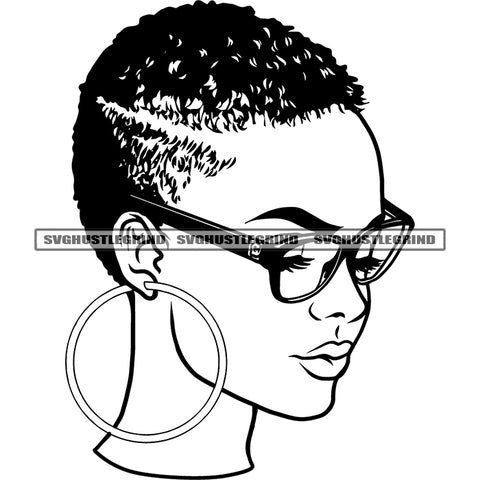 Melanin And Goddess Woman Short Hair Style Woman Vector Black And White Melanin Woman Wearing Sunglass Big Ear Ring BW Design Element SVG JPG PNG Vector Clipart Cricut Cutting Files
