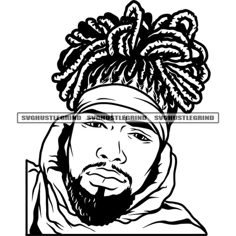 Melanin Black Man Black And White Design Element Locus Hair Style Vector BW White Background Cute Face Artwork Band On Head Wearing Hudi SVG JPG PNG Vector Clipart Cricut Cutting Files
