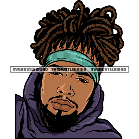 Melanin Black Man Head Design Element Locus Hair Style Vector White Background Cute Face Artwork Band On Head Wearing Hudi SVG JPG PNG Vector Clipart Cricut Cutting Files