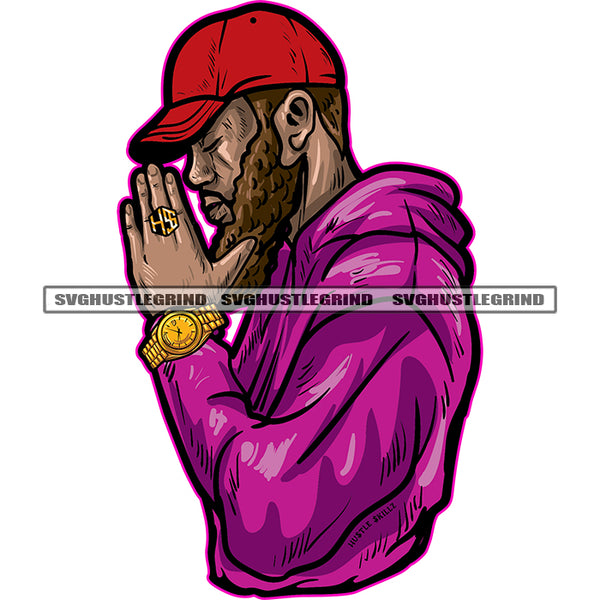 Melanin Man Body Design Element Afro Black Man Wearing Baseball Cap Wearing Gold Watch and Ring White Background Hard Praying Hand SVG JPG PNG Vector Clipart Cricut Cutting Files