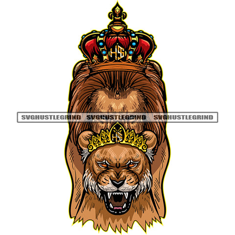 King Queen Lion Family Crown On Head Both King Hide Face Vector Stone Dimond Design Element White Background Red Eyes Long Hair SVG JPG PNG Vector Clipart Cricut Cutting Files