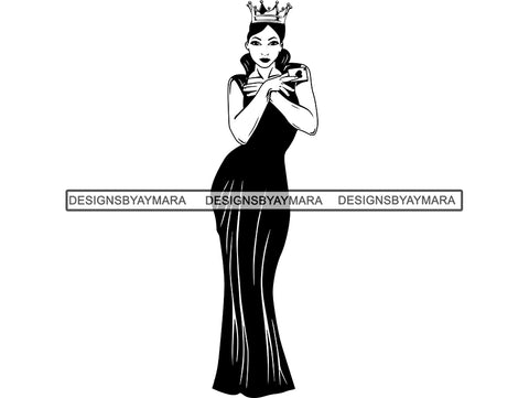 Woman In Black Gown Wearing A Crown In BW  SVG JPG PNG Vector Clipart Cricut Silhouette Cut Cutting