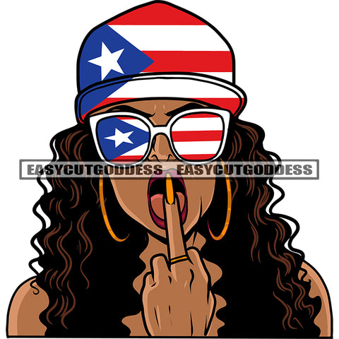 Gangster African American Woman Showing Middle Finger Wearing USA Flag Design Head Scarf And Sunglasses Afro Woman Curly Hairstyle Long Nail SVG JPG PNG Vector Clipart Cricut Silhouette Cut Cutting