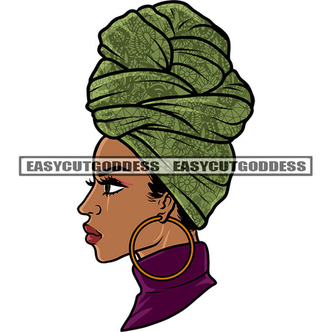 Melanin Woman Head Design Element Side Face Wearing Scarf And Hoop Earing African American Woman Cute Face White Background SVG JPG PNG Vector Clipart Cricut Silhouette Cut Cutting